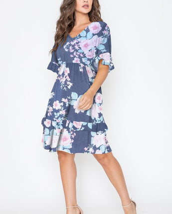 Floral V Neck Ruffle Dress