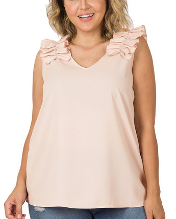 Plus Woven Wool Dobby Ruffle Trim Sleeveless Top