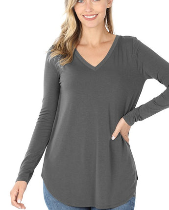 Zenana Long Sleeve V-Neck Round Hem Top (S-XL) - Available in 4 Gorgeous Fall Colors!