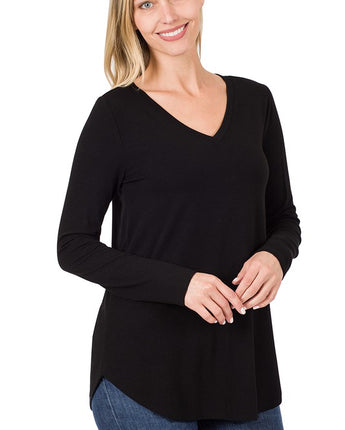 Zenana Long Sleeve V-Neck Round Hem Top (S-XL) - Available in 4 Gorgeous Fall Colors!