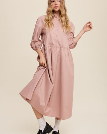 Button Front Puff Sleeve Babydoll Maxi Dress (S, M, L)