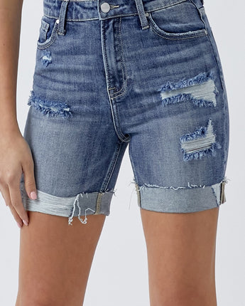 RISEN Full Size Distressed Rolled Denim Shorts with Pockets (S-3X)