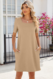 Pocketed Square Neck Short Sleeve Dress (S-2XL)