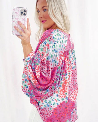 Women Print Buttoned V Neck Oversized Shirt