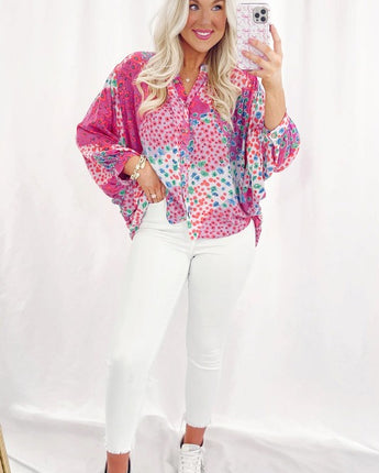 Women Print Buttoned V Neck Oversized Shirt