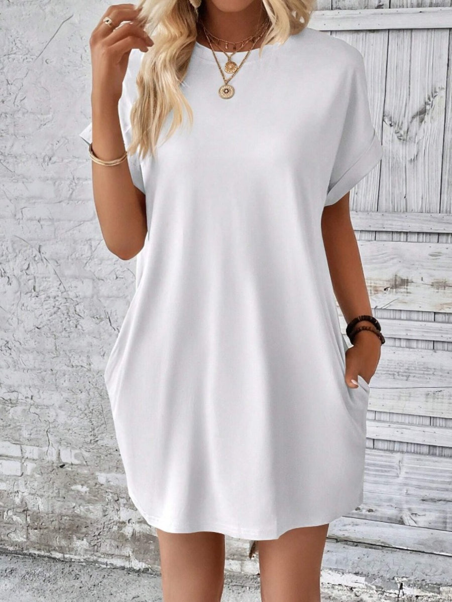 Pocketed Round Neck Short Sleeve Dress (S-XL) (Available in 8 Colors!)