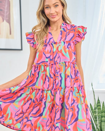 First Love Full Size Printed Ruffle Cap Sleeve Tiered Dress