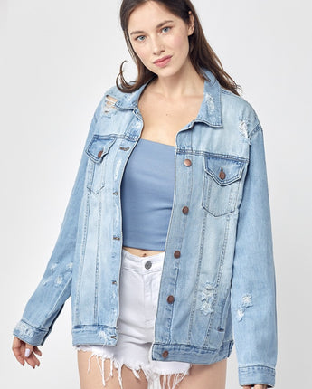 RISEN Distressed Long Sleeve Denim Jacket (S-3X)