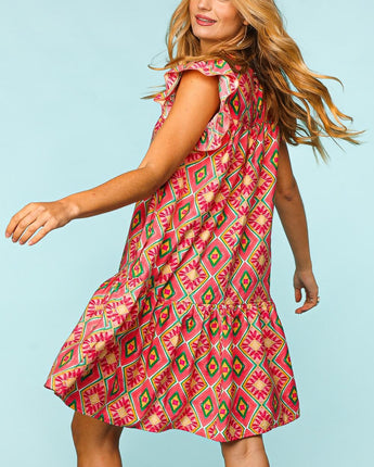 Haptics Full Size Ruffled Printed Dress with Side Pockets (S-3XL)