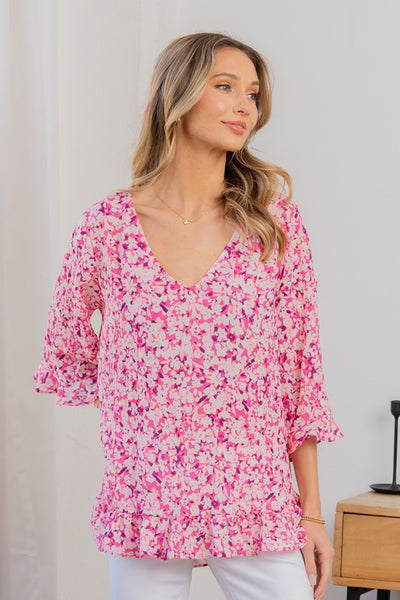 Sew In Love Full Size Floral V-Neck Flounce Sleeve Top (S-3XL)