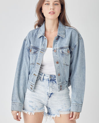 RISEN Full Size Button Down Cropped Denim Jacket