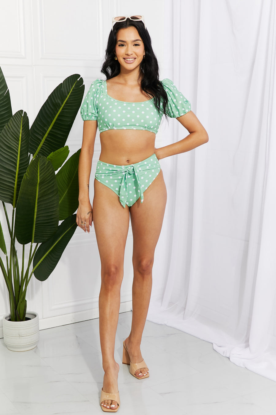 Marina West Swim Vacay Ready Puff Sleeve Bikini in Gum Leaf (S-2XL)