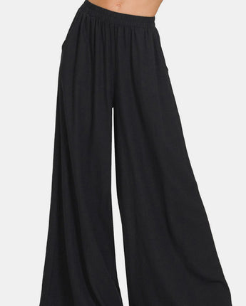 Zenana Pleated Linen Blend Wide Leg Pants