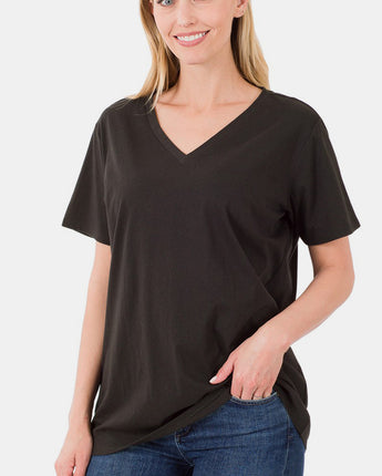 Zenana Black V-Neck Short Sleeve T-Shirt (S-3X)