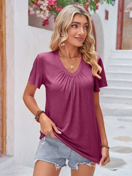 Double Take Ruched V-Neck Short Sleeve T-Shirt - 5 Colors (S-3XL)