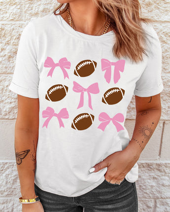 PINK! Football & Bow Round Neck Short Sleeve T-Shirt (S-2XL)