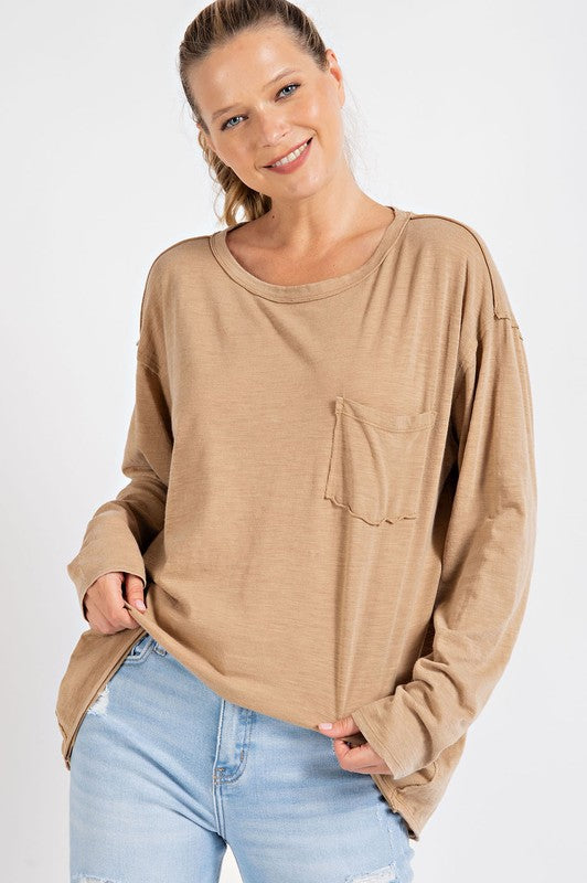 TBYB! Mineral Washed Round Neckline Long Sleeves Top