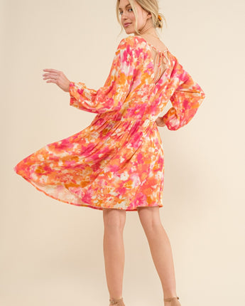 AND THE WHY Printed Tie Back Long Sleeve Dress (S-3XL)