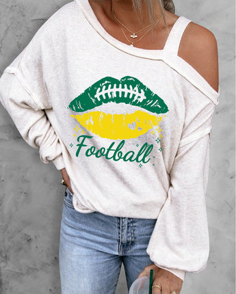 GO TEAM Asymmetrical Neck Long Sleeve Football Graphic Tee (S-2XL)