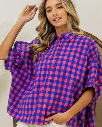 BiBi Plaid Button Up Dolman Sleeve Shirt (S-XL)