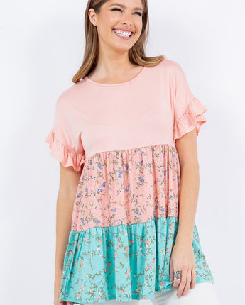 Celeste Full Size Floral Color Block Ruffled Short Sleeve Top