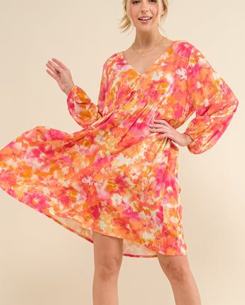 AND THE WHY Printed Tie Back Long Sleeve Dress (S-3XL)