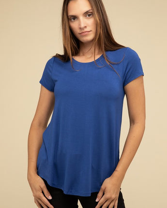 Flowy Round Hem Rayon Short Sleeve Top (S, M, L, XL) - Available in 5 Colors