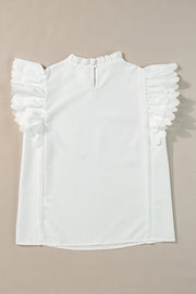 White Solid Color Scalloped Ruffle Sleeve Top