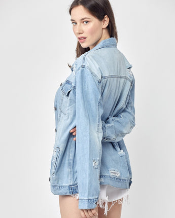 RISEN Distressed Long Sleeve Denim Jacket (S-3X)