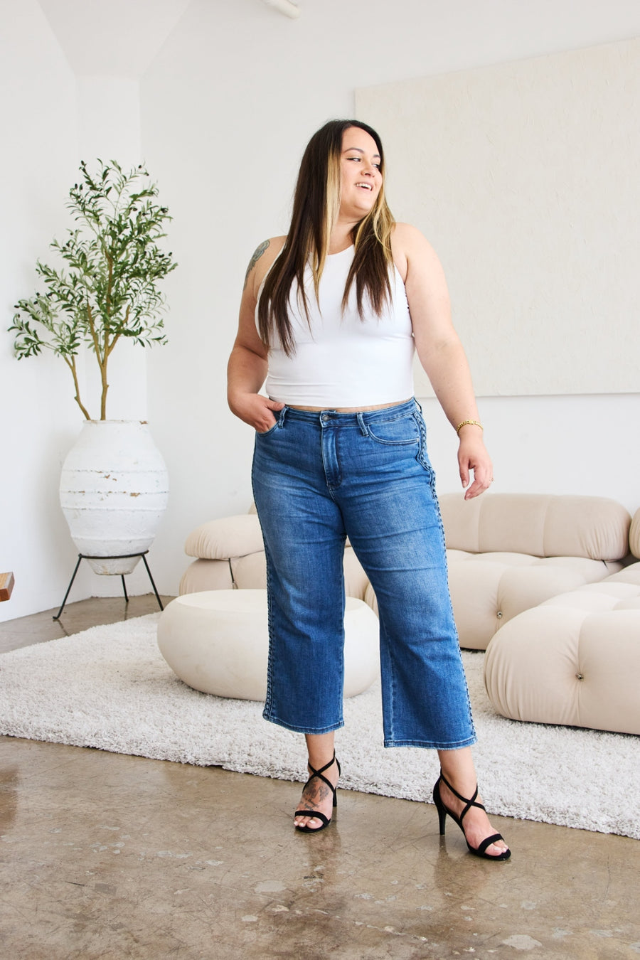 Judy Blue Full Size Braid Side Detail Wide Leg Jeans (0-24)
