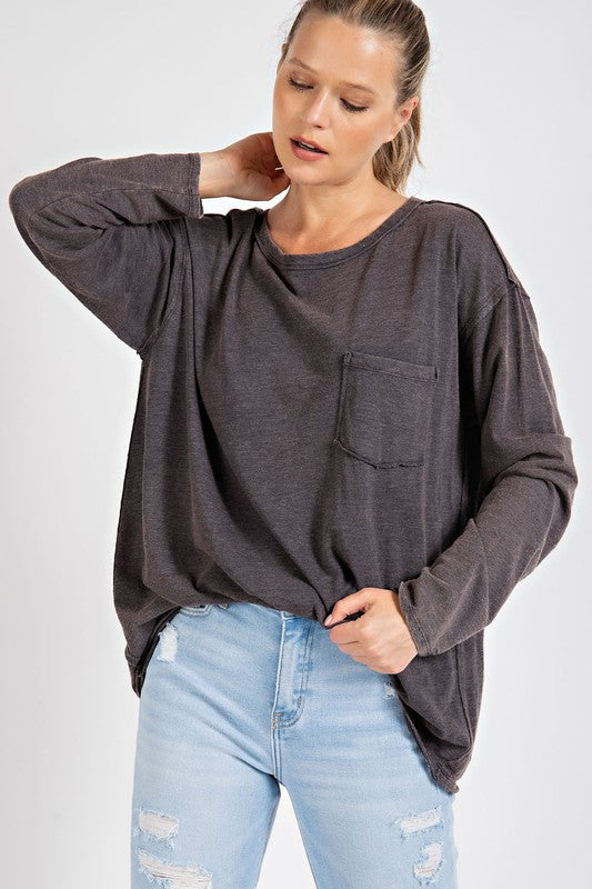 TBYB! Mineral Washed Round Neckline Long Sleeves Top