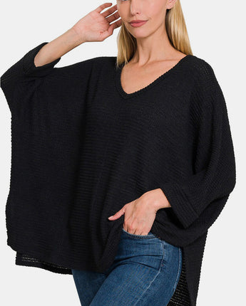 Zenana Full Size Waffle Knit V-Neck Long Sleeve Slit Top