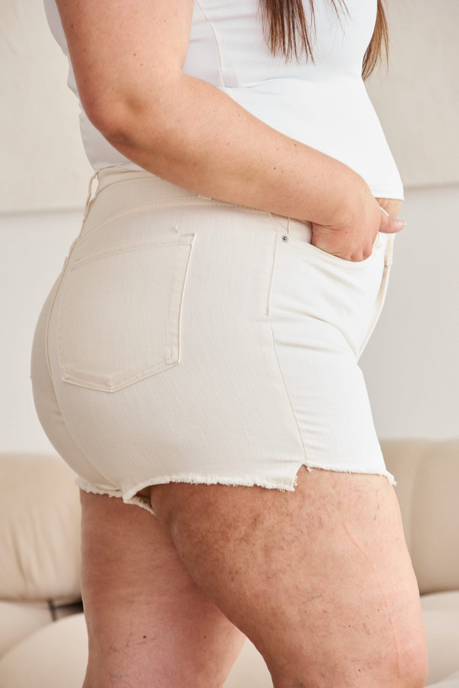 RFM High Waist Denim Shorts (S-3XL) Off-White/Tummy Control