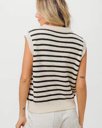 BiBi Flower Patch Striped Half Button Sweater Vest (S-XL)