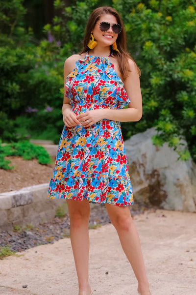 Multi Color Floral Halter Mid Length Dress (LG)