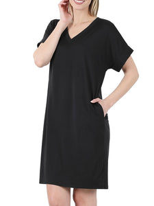 Black V Neck Shift Dress with Rolled Sleeves