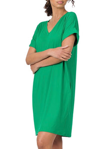 Kelly Green V Neck Shift Dress with Rolled Sleeves
