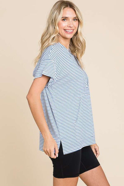 Colbalt Blue Culture Code Striped Short Sleeve Hooded Top (S-3X)