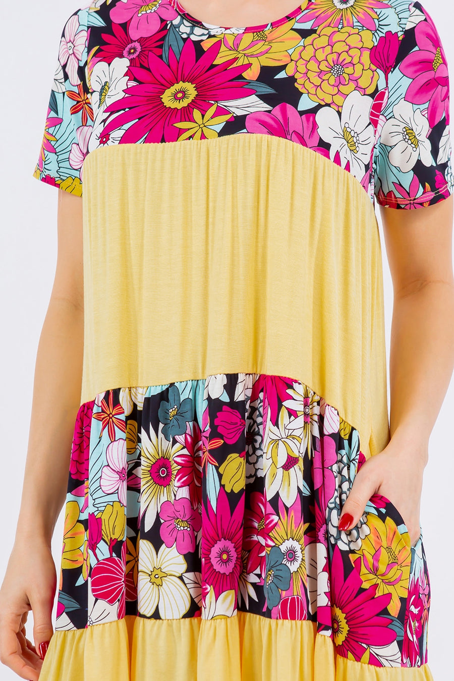 Celeste Color Block Floral Round Neck Short Sleeve Dress (S-3XL)