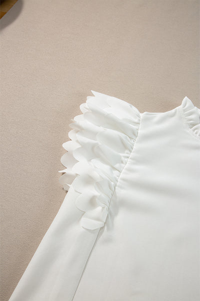 White Solid Color Scalloped Ruffle Sleeve Top