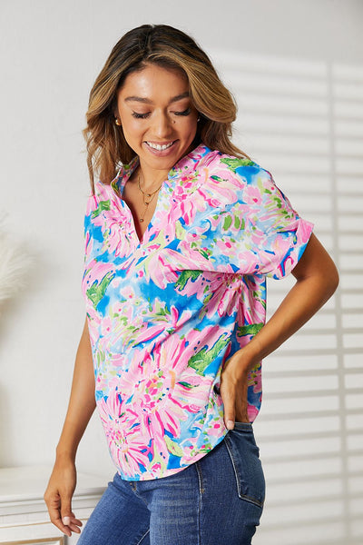 Double Take Floral Notched Neck Short Sleeve Top (S-XL)