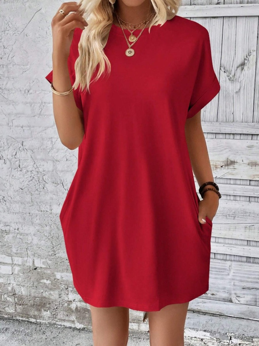 Pocketed Round Neck Short Sleeve Dress (S-XL) (Available in 8 Colors!)