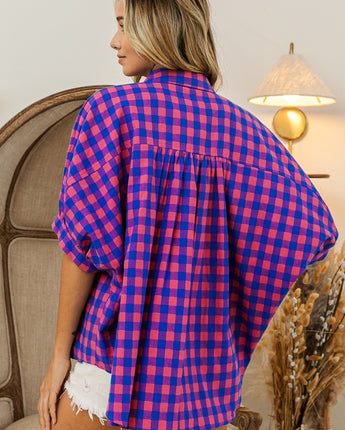 BiBi Plaid Button Up Dolman Sleeve Shirt (S-XL)