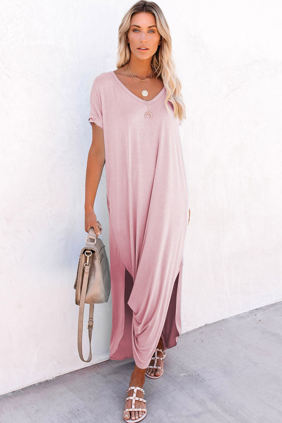 Pink V-Neck Hidden Pocket Splits Maxi T-shirt Dress (S-XL)