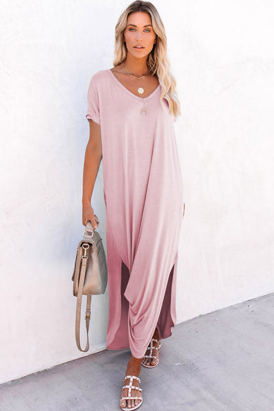 Pink V-Neck Hidden Pocket Splits Maxi T-shirt Dress (S-XL)