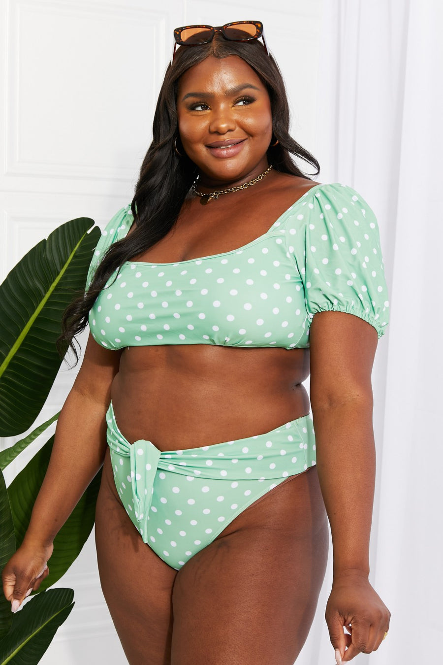 Marina West Swim Vacay Ready Puff Sleeve Bikini in Gum Leaf (S-2XL)