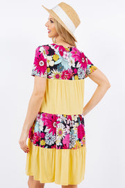 Celeste Color Block Floral Round Neck Short Sleeve Dress (S-3XL)
