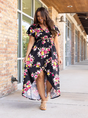Michelle Mae! Harley High-Lo Dress - Black with Pink and Yellow Floral (SM-4X)