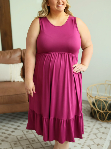 Bailey Magenta Mid Length Dress with Ruffle Detail (SM-4X)