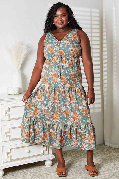 Double Take Floral V-Neck Tiered Sleeveless Dress (Sizes S-XL)